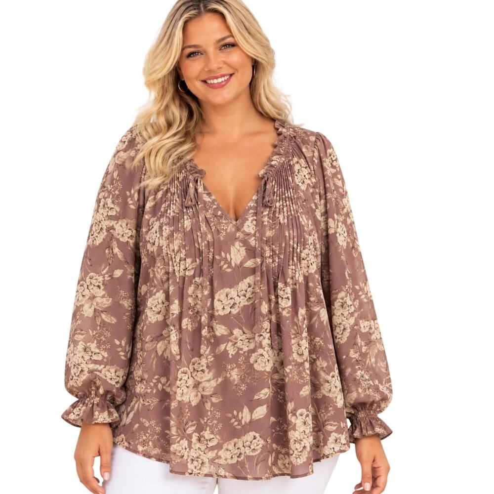 Torrid Peasant Pintuck Blouse Womens Size 1X Deep Taupe Floral Boho Top